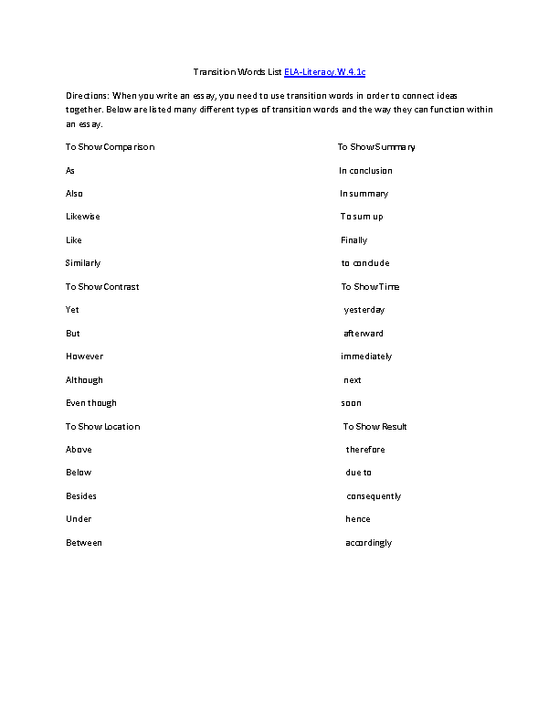 Transition Words List ELA-Literacy.W.4.1c Writing Worksheet